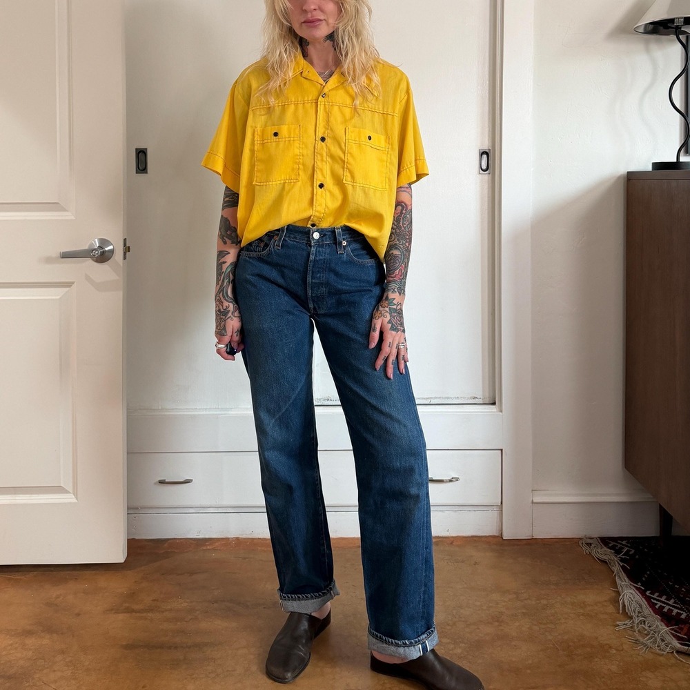 Vintage‎ 1970s Hilton yellow button up bowling shirt